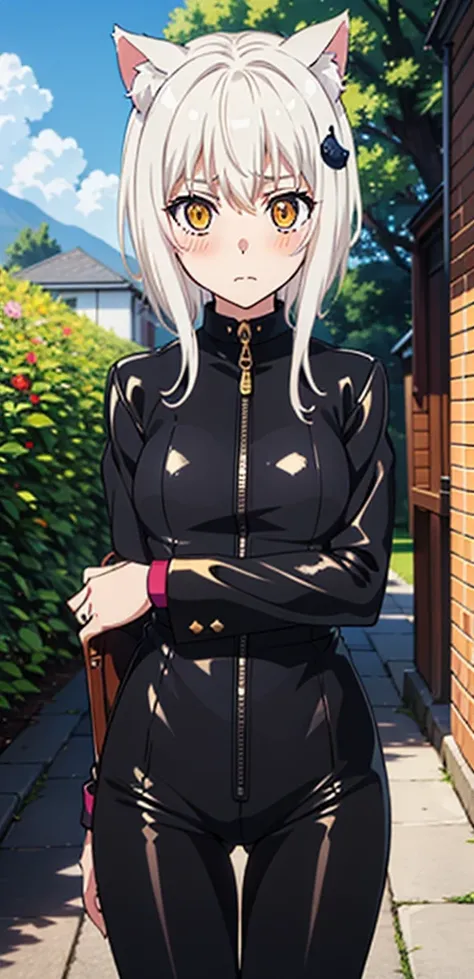 best quality, (masterpiece:1.2), highly detailed, cat ears, 1girl, tojou koneko, yellow eyes, white hair, short hair, hair ornament, 20-year-old, healthy skin, blushed,(ringed eyes ),((leather outfit)), outdoors 