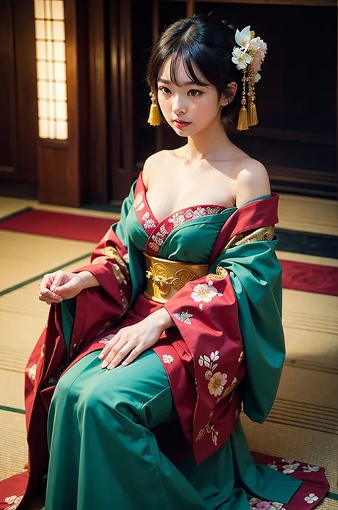 
A beautiful Japanese woman is depicted in a vertical, anime-style portrait set in a rich, vibrant background filled with traditional elements. She is dressed in an elaborate, brightly colored kimono adorned with intricate floral patterns and detailed embr...