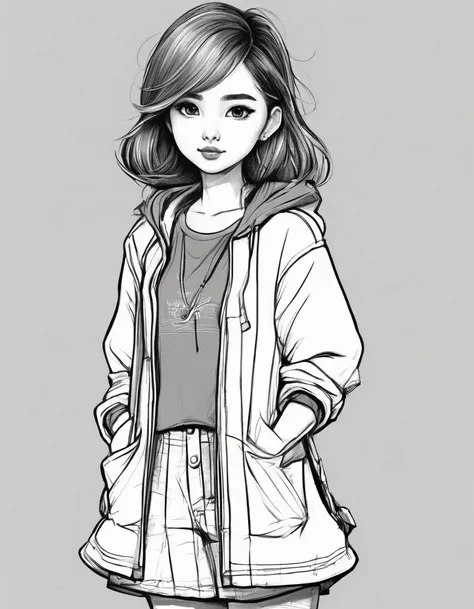 character concept design, line art，clothing model，high-quality illustrationeticuloso，pencil drawing，pen painting，cute small girl