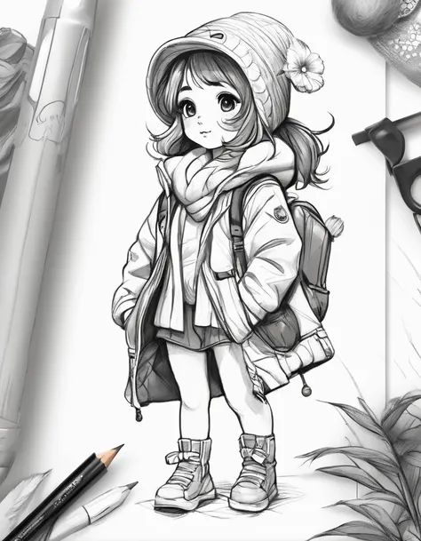 character concept design, line art，clothing model，high-quality illustrationeticuloso，pencil drawing，pen painting，cute small girl