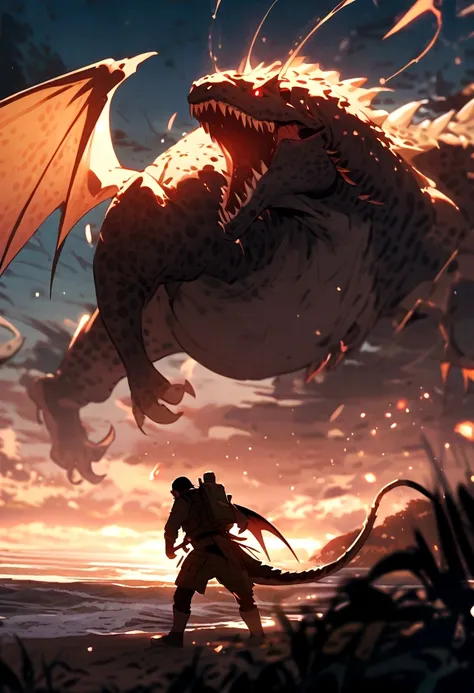 A dinosaur-like monster with wings and a scorpion-like tail　Sea and sky background　Hunting