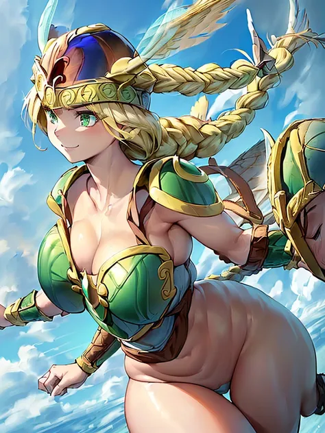 masterpiece,best quality, 1girl, 18yo, beautiful girl,BREAK,(Armor:1.8),(Helmet with wings:1.7),(Beautiful blonde,braid,Green Eyes:1.5),BREAK,(Archaic Smile:1.3),(voluptuous bust,thin waist:1.4),BREAK, (blue sky:1.4),(Running on clouds:1.5),(blue skyに舞う:1....