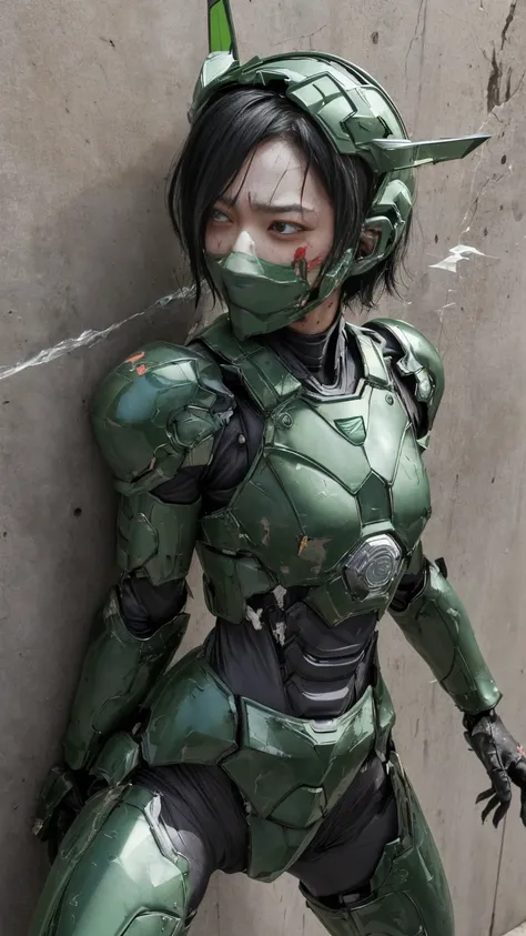 Rough skin, Very detailed, Advanced Details, high quality, 最high quality, High resolution, 1080P 、Bleeding from the wound、Sexy Eyes、Wearing green and black、cute((The whole body is sweating))(Equipped with a damaged battle suit....)(Dark green armor)(Broken...