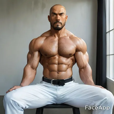 Shirtless and wearing white pants、A 40-year-old shirtless Japanese karateka with a black belt and moustache stands in a dimly lit dojo,Put your back against the wall,Oblique front view from the waist up,A fierce look,Expression distorted in pain,Open the c...