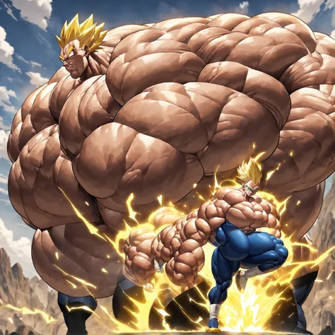 1boy, Vegeta, from Dragon Ball Z, saiyan, (yellow hair:2), spiked hair, green eyes, (blue skintight pants:1.8), white gloves, white boots with brown tips, good posture, shirtless, nipples, abs, sumo squat, powering up stance, (huge muscles:3.9), huge pecto...