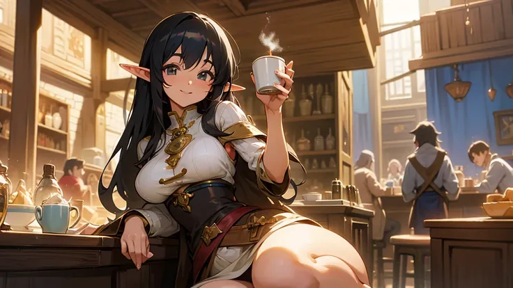 Anime Style,Nostalgic,Detailed background,The medieval world,A lively coffee shop with lots of people,Smiling bard black-haired beautiful elf girl holding coffee,Large Breasts,Healthy thighs,Underarm