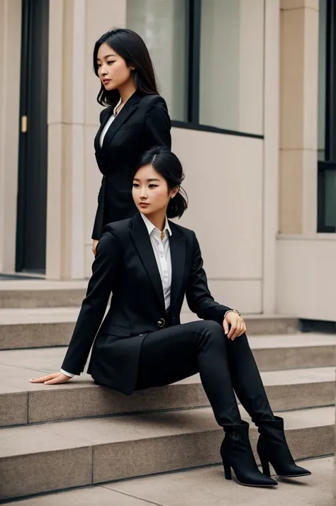 An Asian Girl, Luxurious, in a classy suit. Wear high heel boots