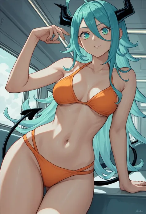 score_9, score_8_up, score_7_up,1 daemon woman, black  demon horns, black demon tail, (aquamarine hair),aquamarine green color hair,ahoge, long hair, (long hair),bangs, light orange bikini, bikini is orange, bikini orange, orange bikini!, (aquamarine eyes)...