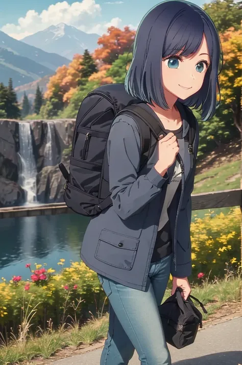 girl, jeans, black down jacket, autumn, mountain, smile, backpack