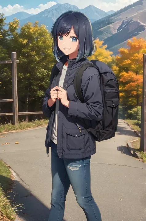 girl, jeans, black down jacket, autumn, mountain, smile, backpack