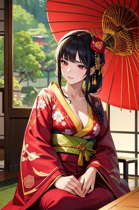 
A beautiful Japanese woman is depicted in a vertical, anime-style portrait set in a rich, vibrant background filled with traditional elements. She is dressed in an elaborate, brightly colored kimono adorned with intricate floral patterns and detailed embr...