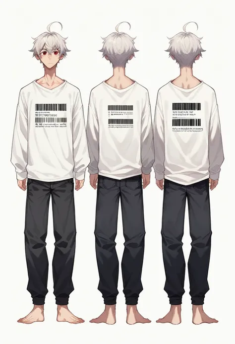 2d model reference sheet of anime boy, silver hair, ahoge, red eyes, cheek barcode, white oversized sweatshirt and pants, barefo...