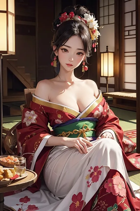 
A beautiful Japanese woman is depicted in a vertical, anime-style portrait set in a rich, vibrant background filled with traditional elements. She is dressed in an elaborate, brightly colored kimono adorned with intricate floral patterns and detailed embr...