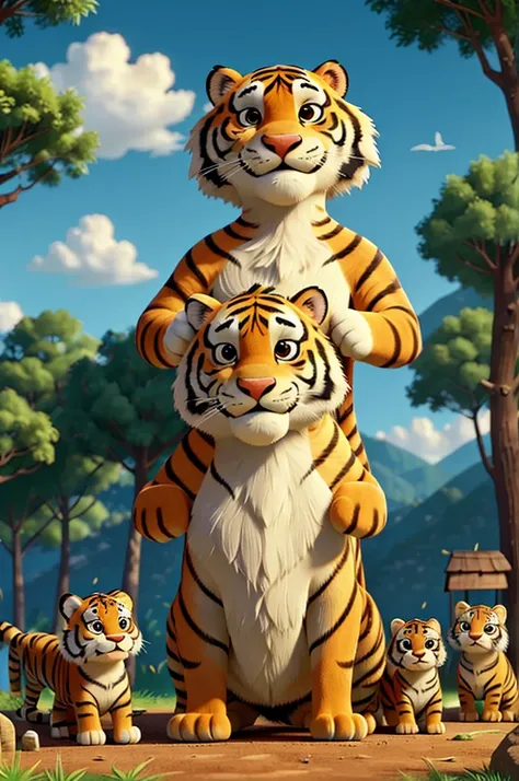 The big tiger smiling and patting Baghu on the head, acknowledging his bravery, while the other animals cheer and celebrate. The background shows a sunny clearing in the forest.