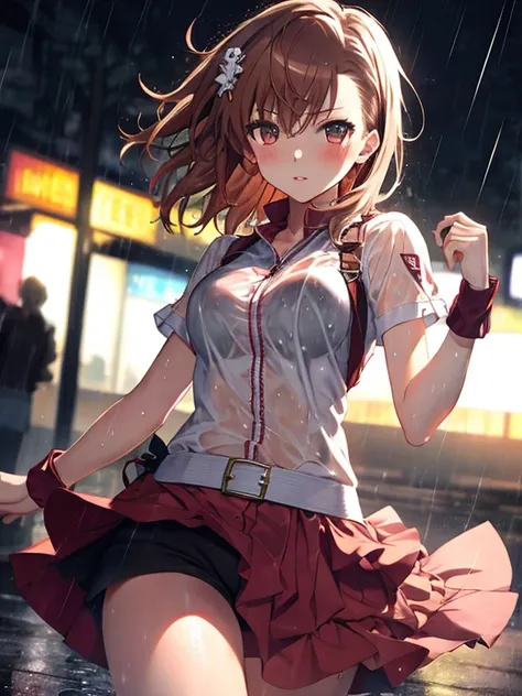 Dancing in the Rain, (masterpiece), highest quality, Misaka Mikoto, 1girl, uhd, retina, masterpiece, ccurate, anatomically correct, textured skin, super detail, high details, high quality, best quality, highres, 4K