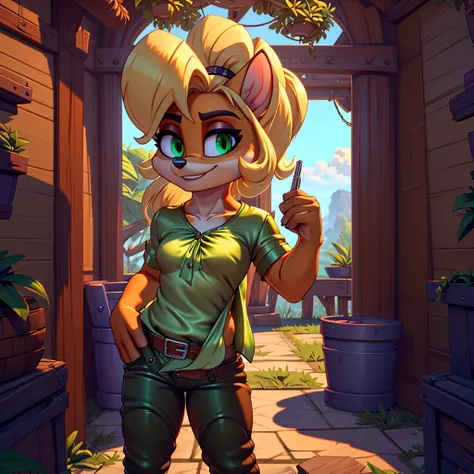 (masterpiece), (high res), (4k), (ultra realistic), bandicoot, green eyes, blonde hair, showing butt to camera, (((green satin b...