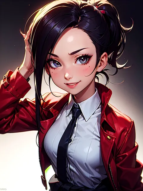 ((Portrait)), She has a Mischievous and Slim Appearance, with a Childlike Charm, Fair Skin and a Small Build. She Expresses a Playful and Smug Look, Giving Off an Immature and Cheerful Attitude. She has Light Gray Eyes, and Her Hair is Short and Tousled, J...