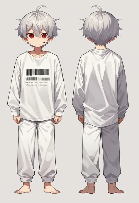 2d model reference sheet of anime boy, silver hair, ahoge, red eyes, cheek barcode, white oversized sweatshirt and pants, barefo...