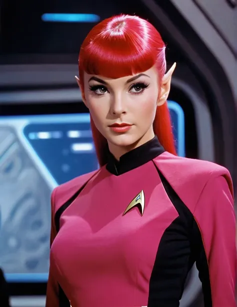 very attractive 25 year old vulcan girl with long bright pink hair, side, vulcan girl, star trek ,  (twokunf red uniform:1.25),black pant, white shoulder band, pointed eyebrows, photo quality