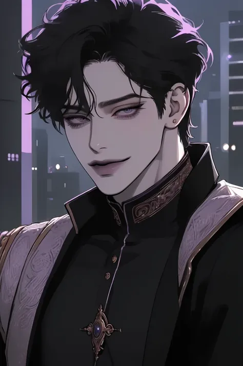 anime man in the night city, attractive man with сиреневые глаза while squinting, black hair, 1 person, black military uniform, ...