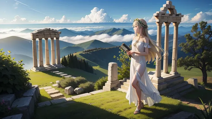 最high quality、high quality、young greek god々、sanctuary grassland、long dress、light-filled、mysterious、have a lyre、greek temple in t...