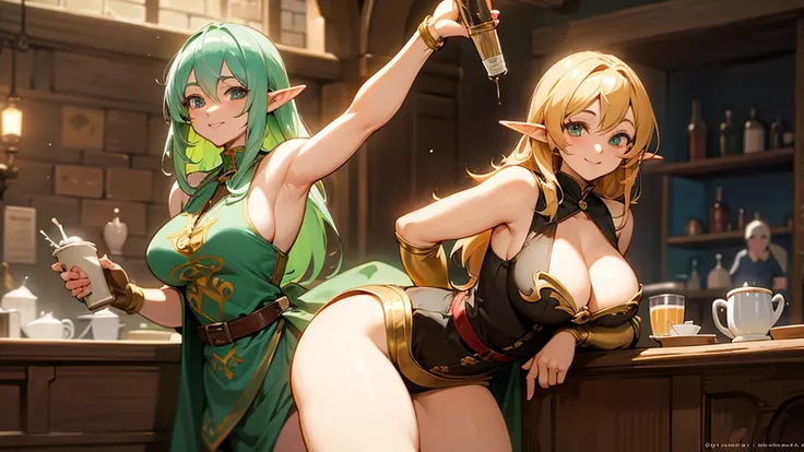 Anime Style,Nostalgic,Detailed background,The medieval world,A lively coffee shop with lots of people,Smiling bard beautiful elf girl holding coffee,Large Breasts,Healthy thighs,Underarm