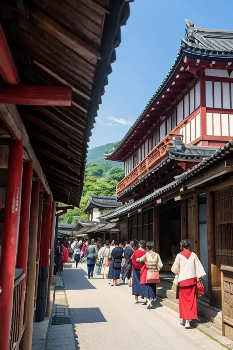 Background red Fuji、A busy scene of a post town in the Edo period