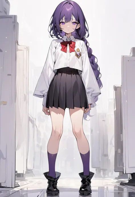 masterpiece, best quality, young woman, dark purple hair, very long single braid, bright purple eyes, white collared shirt, furisode sleeves, thin red bow tie with a diamond-shaped pin on the front of the bow under the collar, black high-waisted pleated sk...