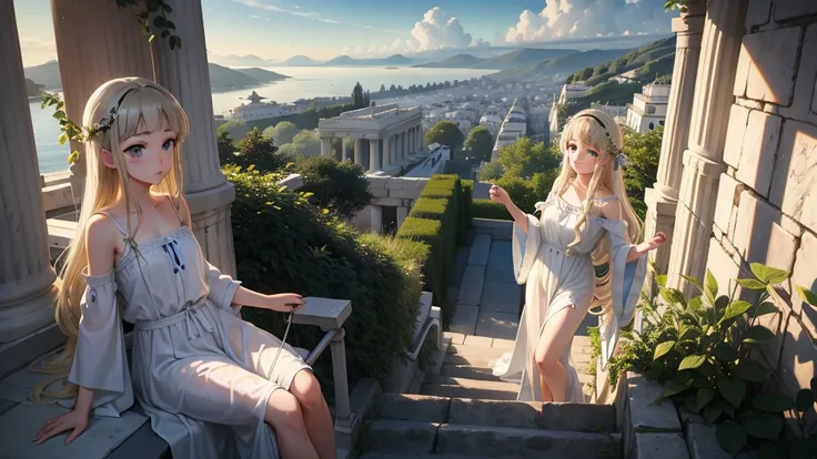 最high quality、high quality、Young Greek God々、Sanctuary Grassland、Long dress、Light-filled、mysterious、Have a lyre、Greek temple in the clouds、You can see the sea of clouds、Skyline、