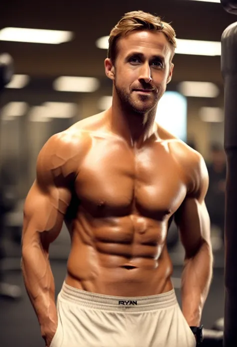 4k, ryan gosling a man in the gym, sweaty, muscular, abs, pecs, slight smile, back to camera, flexing, guys in the background admiring him. In undershirt and trunk underwear full body photo