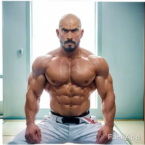 Shirtless and wearing white pants、A 40-year-old shirtless Japanese karateka with a black belt and moustache stands in a dimly lit dojo,Put your back against the wall,Oblique front view from the waist up,A fierce look,Expression distorted in pain,Open the c...