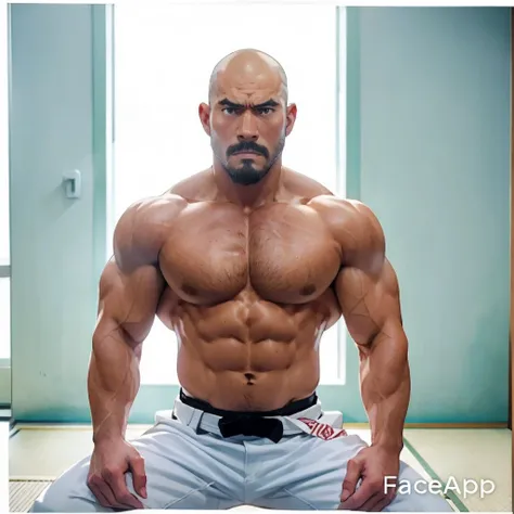 Shirtless and wearing white pants、A 40-year-old shirtless Japanese karateka with a black belt and moustache stands in a dimly lit dojo,Put your back against the wall,Oblique front view from the waist up,A fierce look,Expression distorted in pain,Open the c...