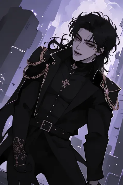 anime man in the night city, attractive man with сиреневые глаза while squinting, black hair, 1 person, black turtleneck, black ...