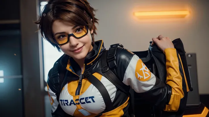 A cinematic shot of Tracer from Overwatch, smiling and posing in her costume with orange goggles, a black jacket with white trim, and a blue accent on her chest. She has short brown hair and wears yellow accents. Generated using Luma AI