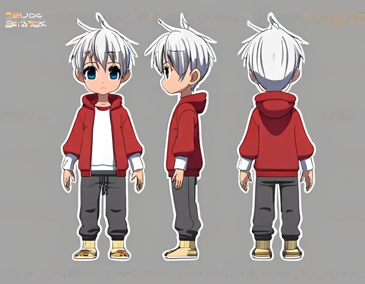 3d model reference sheet of anime boy, silver hair, ahoge, red eyes, cheek barcode, white oversized sweatshirt and pants, barefo...