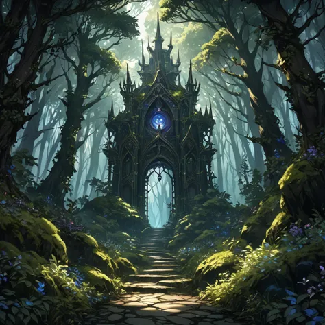 masterpiece, best quality, good quality, dark forest background, Fantasy aesthetics, Highly detailed, shadowverse style, no human, no road
