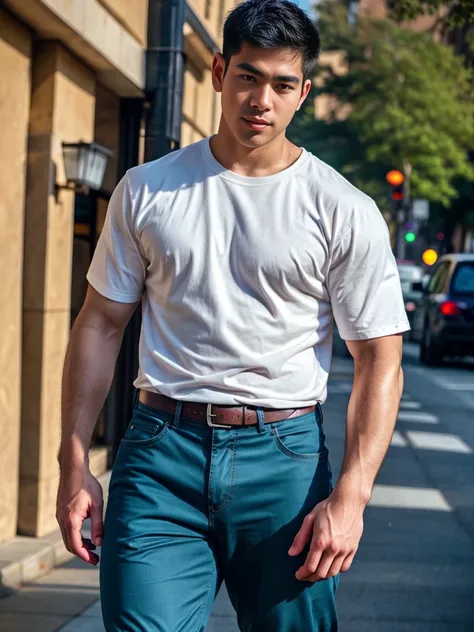 a young asian man, 20 years old, wearing a shirt and pants, dynamic movement pose, big pecs, (best quality,4k,8k,highres,masterpiece:1.2),ultra-detailed,(realistic,photorealistic,photo-realistic:1.37),HDR,UHD,rim lighting,ultra-fine painting,sharp focus,ph...