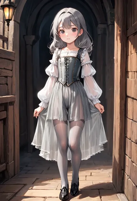 8 year old medieval girl, underwear姿、Translucent knee-length bloomers（underwear）wear、wear a semi-transparent corset、Translucent slip, Grey translucent tights