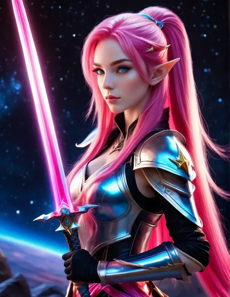 very attractive 25 year old vulcan girl with long bright pink hair, 1beautiful girl,  solo，female swordmatomically correct，bright pink hair and blue eyes，Long hair，Elf ears，Star Armor，Transparent armor，side view，Hold the hilt of a sword in your hand，The bl...