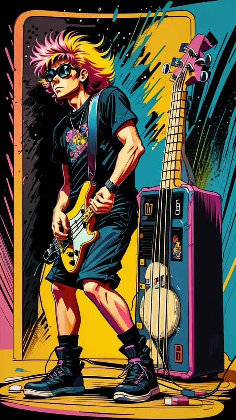 80s bassist drawn cartoon style in black colors