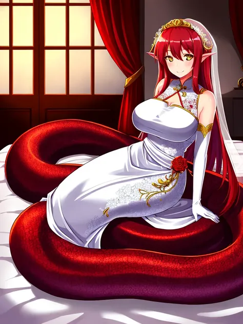 1girl, red lamia, scales, tail, full body, smile, long hair, red hair, yellow eyes, blush, happy face, bedroom, wedding dress, chinese girl, mature female, huge breasts, elbow gloves, white gloves,