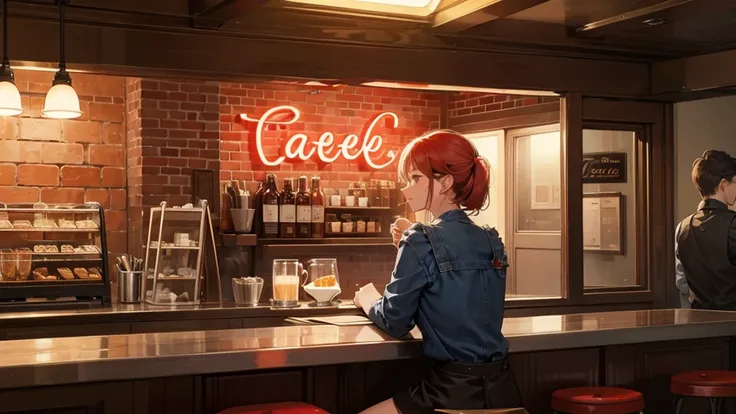 A small cafe is open for business, with lights shining from its red brick exterior. Theres a neon sign advertising "Coffee" in red and blue lit letters. Inside, the cafe features a counter with three red stools and a girl sitting in front of it, and a larg...