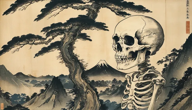 (((Katsushika Hokusai))), ((Skeleton)), Horror elements