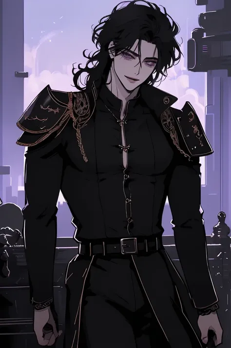 anime man in the night city, attractive man with сиреневые глаза while squinting, black hair, black shirt, black body armor, mil...