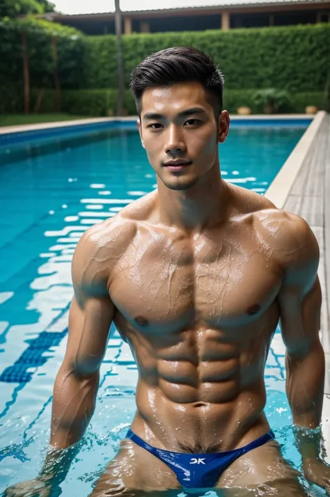 1 man, handsome, naked, muscular sexy, view from below, HD, sitting astride, hairy, 25 years old, Korean face, wet, the background is in a swimming pool,