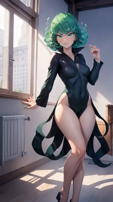 Tatsumaki , Dynamic positions have a golden part, fragile physique, Street, floats in the air, close up portrait, stands leaning towards the floor, beautiful ,  leans forward,  very erotic, arches in the back, Portrait of a girl, standing in a sexy pose, l...