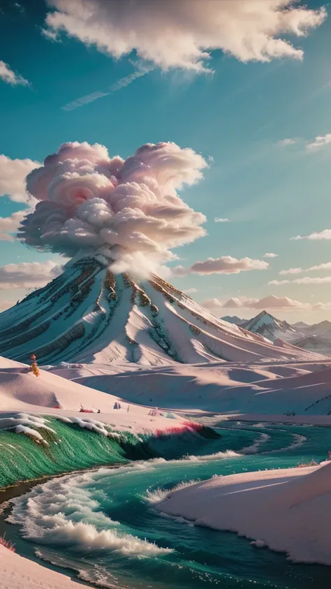 Create a dreamlike landscape where fluffy clouds take the form of mythical creatures and cotton candy rivers flow through candy cane mountains.