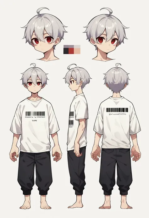 2d model reference sheet of anime boy, silver hair, ahoge, red eyes, cheek barcode, white oversized sweatshirt and black pants, ...