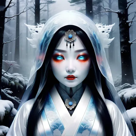 Create a highly realistic and eerie depiction of the Yuki-onna (Snow Woman), a popular and terrifying yokai from Japanese folklore. The Yuki-onna should appear as a beautiful yet ghostly woman with pale, almost translucent skin and long, flowing black hair...