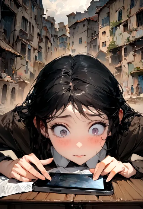 ((Best picture quality)), ((Masterpiece)), (Deleted), (Best picture quality,Super-resolution,High-resolution,Masterpiece:1.2), Woman in her 20s, a smartphone on the desk, anxious expression Womans eyes are slanted downward